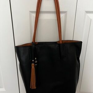 Elegant Black Tote Bag with Tan Accents